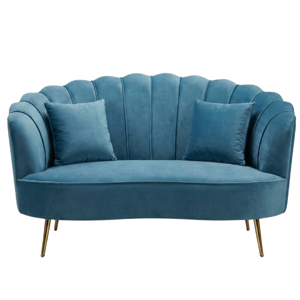Blue Velvet Shell 2-Seater Sofa with Gold Legs